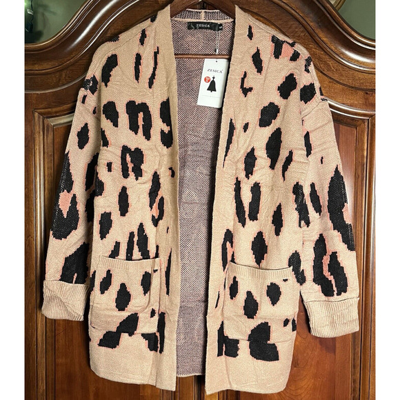 Zesica Leopard Knit Open Cardigan Sweater Women’s Small Oversized Long Sleeve - Picture 2 of 14